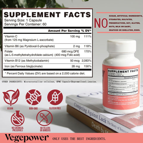 Iron Supplements for Women, Vegan Iron Bisglycinate 28mg Plus Vitamin C, Folic Acid - Iron Pills for Anemia, Iron Deficiency & Energy Support - Hi...