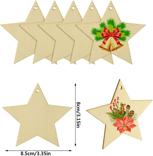 obmwang 50 Pieces Natural Wooden Star Cutouts Unfinished Predrilled Wooden Star Embellishments with Natural Twine for Christmas, DIY Craft, Party ...