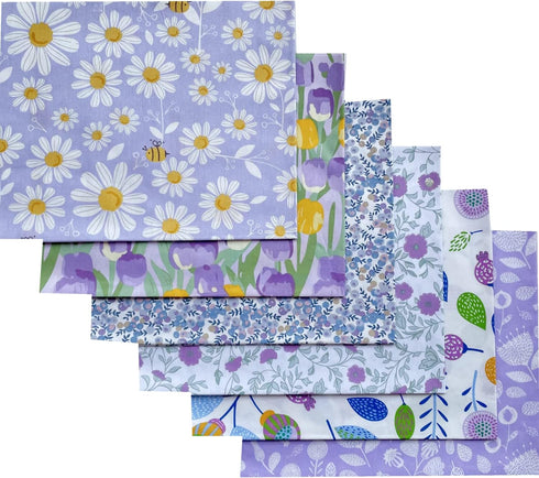 Light Purple Floral Fat Quarters Fabric Bundles,Pattern with Bees and Chamomile Daisy Flowers in Lavender Background, Quilting Fabric for DIY Hand...