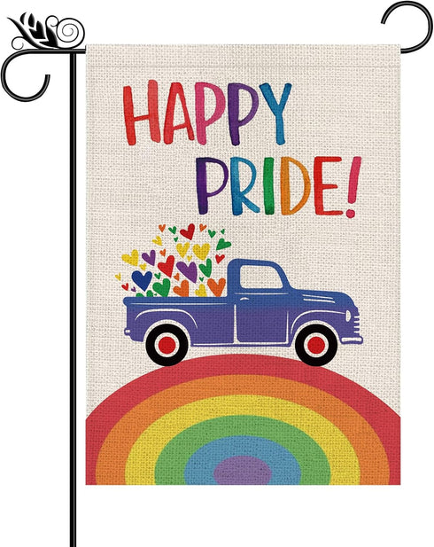 Rainbow Garden Flag Rainbow Truck Vertical Double Sided Happy Pride Flag LGBT Lesbian Gay Transgender Pansexual Flag Farmhouse Yard Outdoor Lawn D...
