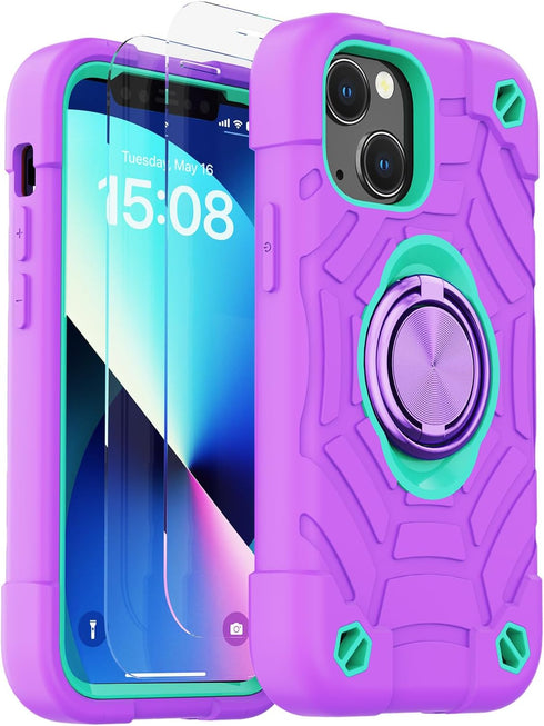 KCJ for iPhone 13 Mini case/iPhone 12 Mini case 5.4 Inch with Ring Holder, with 2 Pack Screen Protector + 1 Pack Camera Lens Protector,Heavy-Duty ...