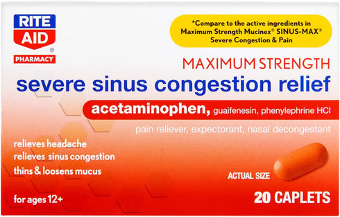 Rite Aid Severe Sinus Medicine and Nasal Decongestant, Maximum Strength - 20 Caplets | Sinus Relief | Pain Relief | Multi-Symptom Cold and Flu Med...
