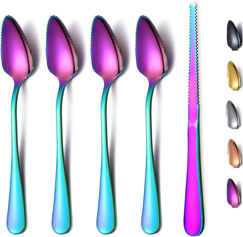 Rainbow Grapefruit Spoons 5 Pieces Set, 4 Stainless Steel Grapefruit Spoon And 1 Grapefruit knife With Titanium Plating, Grapefruit Utensil Set, S...