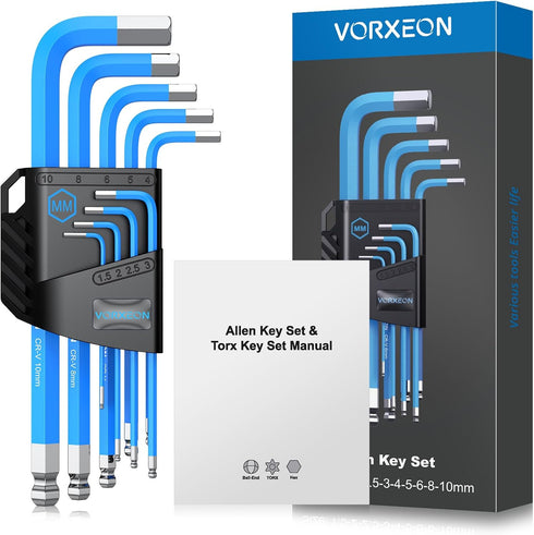Allen Wrench Hex Key Set 1.5mm-10mm, 9PCS Metric Long Ball End Allen Key Set L-key with Visible Coding for Bike Motorcycle Repair Furniture Assemb...