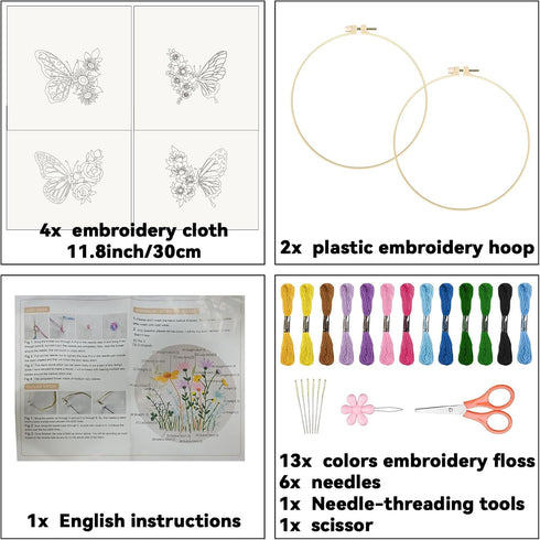 ORIGACH 4 Pack Flowers and Butterfly Embroidery Kits for Beginners, DIY Starter Hand Embroidery Kit with Floral and Butterfly Patterns and Instruc...