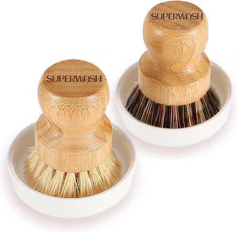 Bamboo Brush Dish Scrubber Clean Pan and Vegetable, Natural Bristles Palm Pot Brush 2 Pack Round Mini Dish Brush with 2 Ceramic Dish for Kitchen S...