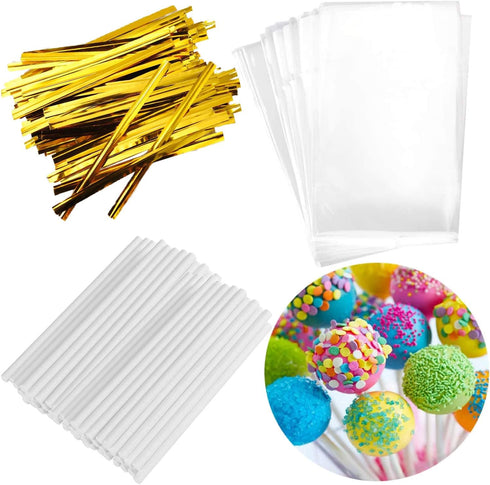 300PCS Lollipop Cake Pop Treat Bag Set Including 100pcs Parcel Bags, Papery Treat Sticks, Gold Metallic Twist Ties for Making Candies, Chocolates ...