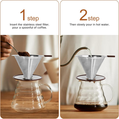 Pour Over Coffee Dripper?Reusable Stainless Steel Drip Cone Coffee Filter, Update Double Ultra Fine Micro Mesh Filter, Professional Paperless Drip...