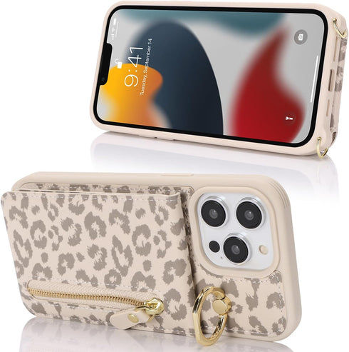 iPhone 13 pro max Case with Card Holder for Women, iPhone 13 pro max Phone Case Wallet with Strap Credit Card Slots Crossbody with Kickstand Zippe...