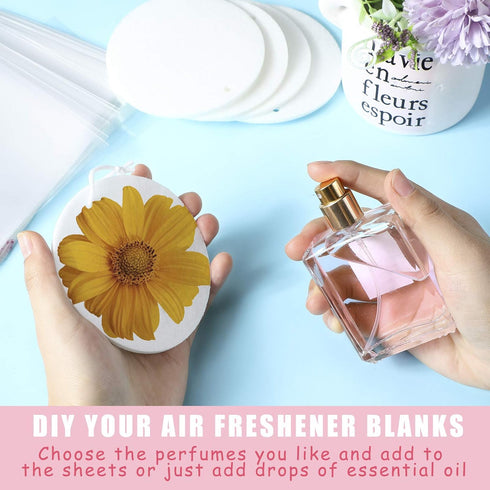 50 Pieces Sublimation Air Freshener Blanks Car Scented Hanging Round Felt Air Freshener White Fragrant Sheets with 100 Pieces Bags and Elastic Rop...