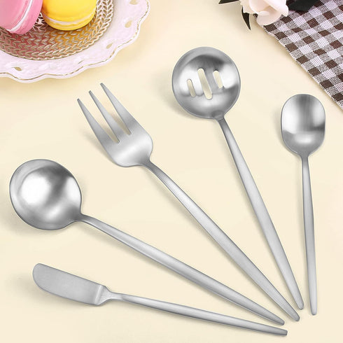 Serving Utensils Set, LAZAHOME Matte Silver 5-Piece Hostess Set, Stainless Steel Silverware Flatware Cutlery Serving Set for Dinner Parties Entert...