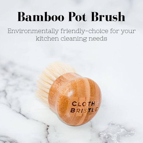 Cloth + Bristle Bamboo Cleaning Brush Combo Set, Versatile Dish Scrub Brush, Pot Brush, and Detail Brush for Kitchen, Grout, and Household Cleanin...