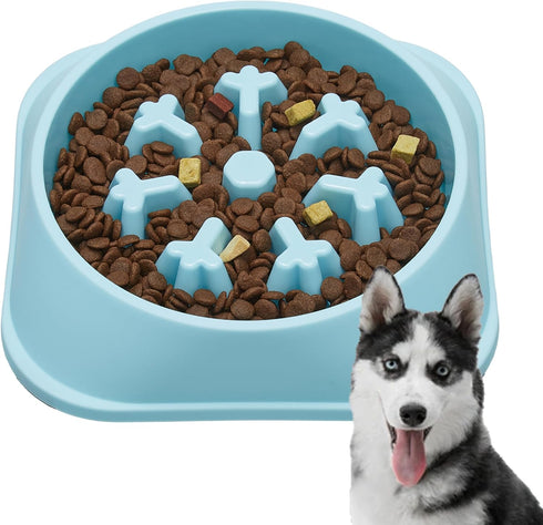 Vealind 100% BPA Free Slow Feeder Dog Bowls Puzzle Dog Bowl for Small and Medium Dogs Puppy Food Bowl 5.5oz, Snowflake Shaped (Blue Bowl)...