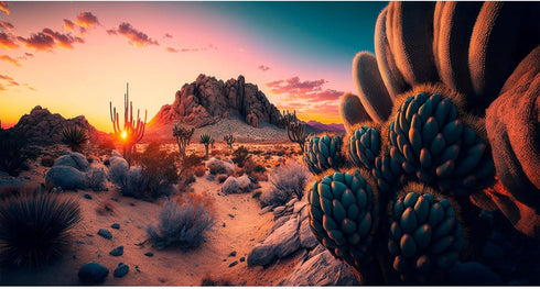 Reptile Habitat Background Colorful Sunset Over Desert Landscape Terrarium Background Cactus and Rocks Gobi Desert Plants Aquarium Background Tank...