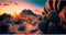Reptile Habitat Background Colorful Sunset Over Desert Landscape Terrarium Background Cactus and Rocks Gobi Desert Plants Aquarium Background Tank...