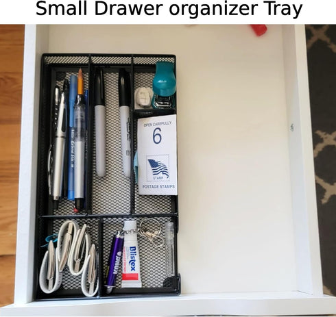 Desk Drawer Organizer Tray, Metal Mesh Drawer Office Drawer Organizer w/6 Compartment, Small Desk Organizer Tray for Home Office School Supplies, ...