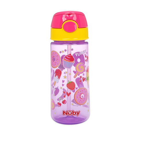 Nuby 2-Pack Kid’s Printed Flip-it Active Water Bottle with Push Button Cap and Soft Straw - 18oz / 540ml, 18+ Months, 2-pack, Prints May Vary...