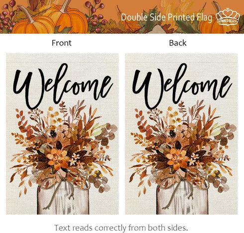 CROWNED BEAUTY Fall Garden Flag Floral Mason Jar 12x18 Inch Double Sided for Outside Small Welcome Burlap Autumn Seasonal Yard Decoration...
