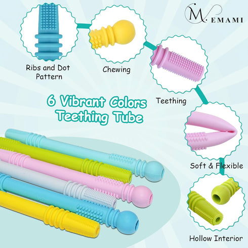 Baby Teething Toy - Pack of 6 Hollow Teething Sticks with 2 Cleaning Brushes - 100% Food Grade Silicone, BPA Free, and Dishwasher Safe - 6 Vibrant...