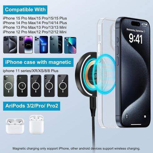 Magnetic Wireless Charger for iPhone 15 Pro Max 14 13 12 Pro Max, Samsung Galaxy S24/S23/S22/S21/S20/S10/S9/S8/Note20/10/9/8, Pixel 8 Pro/7/6/5/4 ...