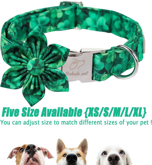 St.Patrick's Day Clover Dog Collars with Flower Tie,Green Abstract Clover Soft Cotton with Safety Metal Buckle Adjustable Puppy Collars for Small ...