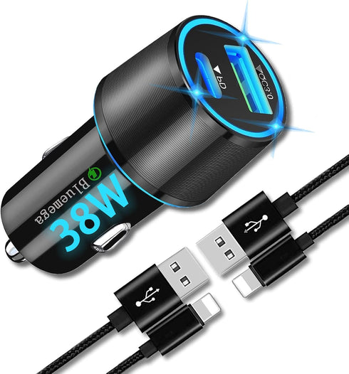 Fast Car Charger, USB C Car Charger 38W Car Charger Adapter PD3.0&QC3.0 with 2Pack Lightning Cable Quick Car Charging Compatible with iPhone 14 Pr...