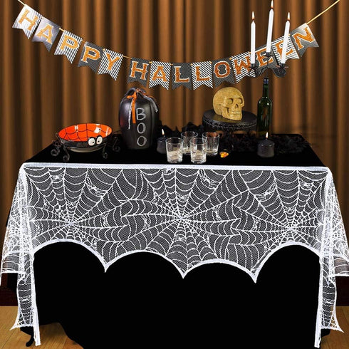 AerWo Halloween Decorations Indoor Fireplace Mantel Scarf, White Lace Spiderweb Fireplace Cover for Halloween Mantle Decor Festive Party Supplies,...