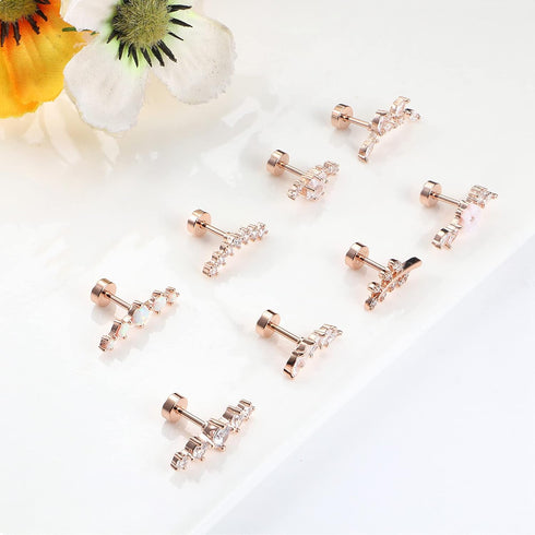 8Pcs 16G Cartilage Earring Set Stainless Steel Flower Opal CZ Stud Earrings Flat Back Cartilage Conch Helix Piercing Jewelry for Women...