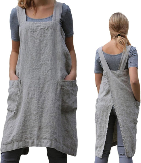 ZQFFB Pinafore Cross Back Apron for Women with Pockets Japanese Smock for Work Gardening Cooking Painting Baking...