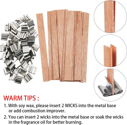 BENBO 154Pcs Wood Candle Wicks, 5.1 X 0.5 Inch Smokeless Crackling Natural Wicks with Iron Stand and Candle Warning Labels for DIY Craft (50 Sets)...