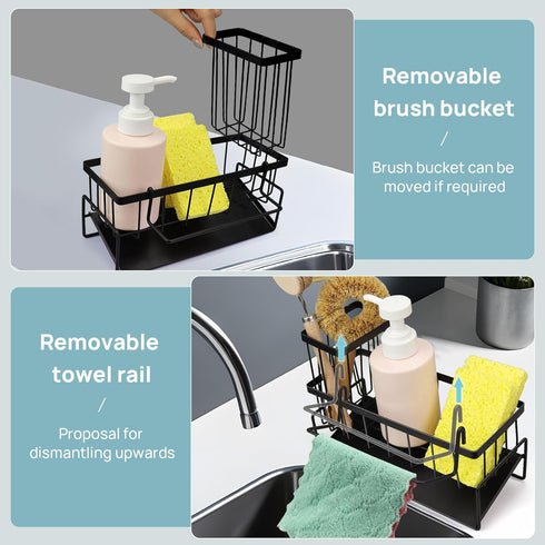 Sink Caddy Kitchen Sink Organizer, Rustproof Sponge Holder with Brush Holder and Dish Cloth Hange, Self-Draining Soap Dispenser Storage with Divid...