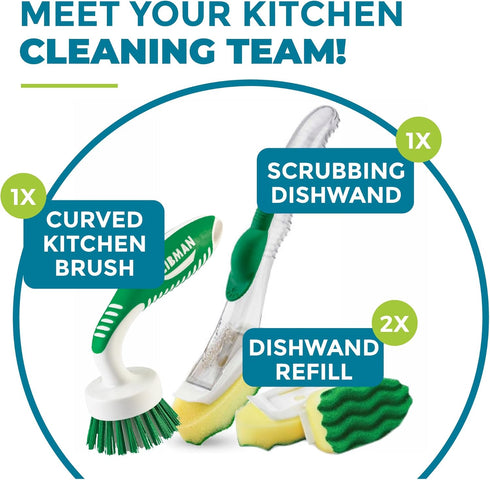 Libman Dish Wand & Curved Kitchen Brush Bundle - Dishwashing Cleaner Scrubber & Non Scratch Dishwand Scrub Sponge with Scouring Sponges Refills - ...