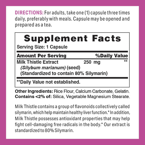 Vitamin World Milk Thistle (Silymarin) Standardized Extract 250mg 100 Capsules, St. Mary’s Thistle, Supports Liver Health, Antioxidant, Rapid-rele...
