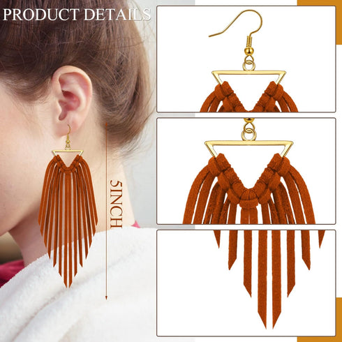 9 Pairs Fringe Leather Earrings Boho Leather Earrings Triangle Deerskin Leather Fringe Boho Earrings for Women Girls(Bright Colors)...