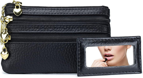 imeetu Leather Coin Keychain Purse for Women, Small Change Purse for Coins, Coin Pouch Wallet with 4 Zippered Pockets (Black)...