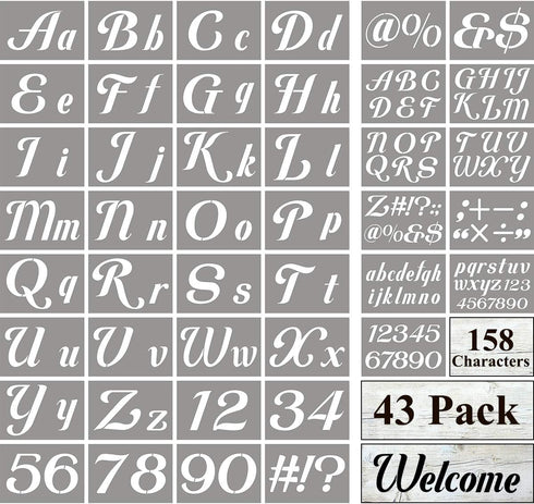 Large Letter Stencils for Painting on Wood - 43 Pack Alphabet Letter Number Stencil Templates with Signs, Reusable Plastic Stencils in 158 Designs...