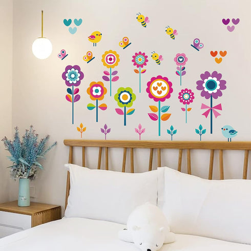 Flowers Wall Stickers for Kids Bedroom -Butterfly Bee Floral Wall Decals for Girls Room,Classroom,Nursery, Playroom- Removable DIY Peel and Stick ...