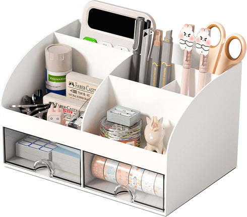 Desk Organizer and Accessories with 6 Compartments and 2 Drawers, Plastic Makeup Organizer, Pen Holder for Desktop Storage, Desk Organization for ...