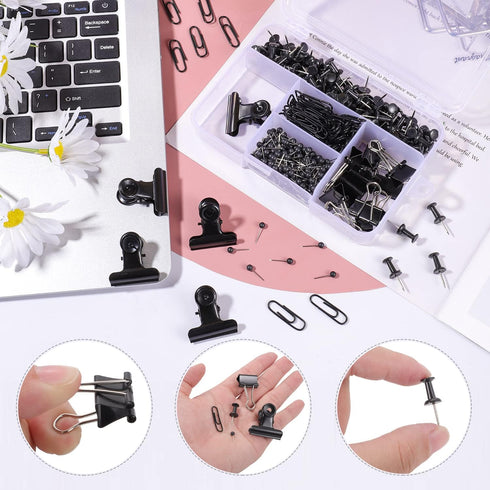 500 Pcs Black push pins Set, Binder Clips Paper Clips Map Tacks Sets Decorativefor Cork Board 5 Style Black Office Supplies for School and Home (B...