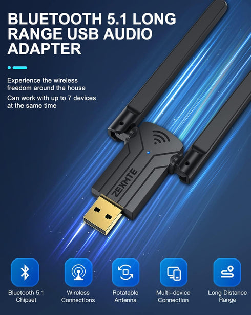 ZEXMTE USB Bluetooth Adapter for PC, Long Range Bluetooth USB Adapter for Windows 11/10, 492FT/150M Bluetooth Dongle 5.1 EDR, Plug & Play for Desk...