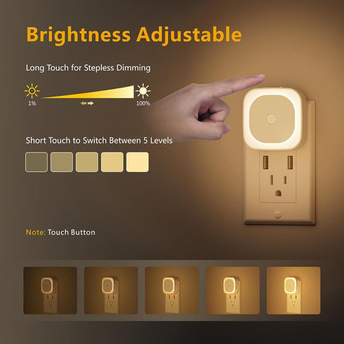 2 Pack Plug in Night Light with Motion Sensor & Dusk to Dawn Sensor, 3 Sensor Modes, Dimmable Night Lights Plug into Wall, Auto ON/Off, Warm White...