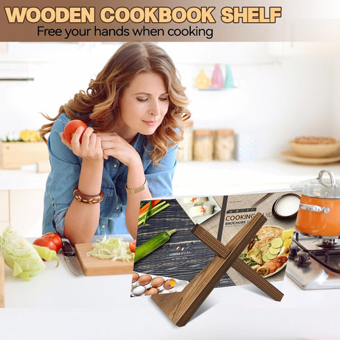Cookbook Stand Wooden Cookbook Holder Solid Wood Recipe Book Holder Farmhouse Cook Book Stand Rustic Display Stand Kitchen Counter Decor for Cooki...