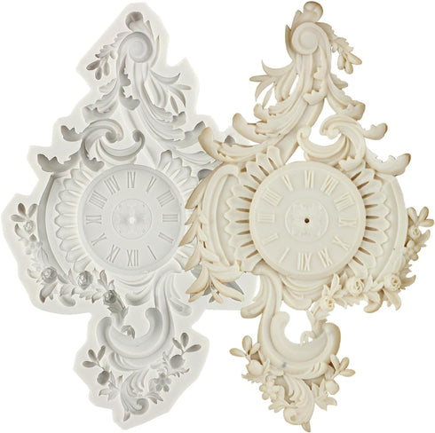 Baroque Style Clock Silicone Mold Curlicues Scroll Lace Fondant Molds Clock Chocolate Candy Mold Filigree Mold 3D Sculpted For Sugar Cake Decorati...