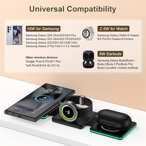 Foldable 3 in 1 Wireless Charging Station for Samsung Galaxy Z Fold6 Flip6 S24 S23 Ultra,Travel Charger for Samsung Multi Devices,15W Fast Wireles...