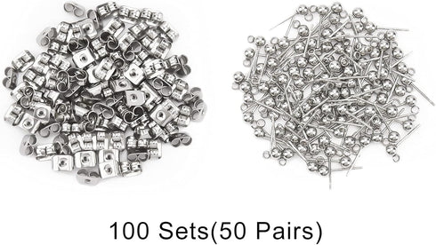 PH PandaHall 200pcs Ball Stud Earring Kit, Stainless Steel Ball Post Earring Studs Round Ball Ear Pin with Loop with Butterfly Earring Back for Da...
