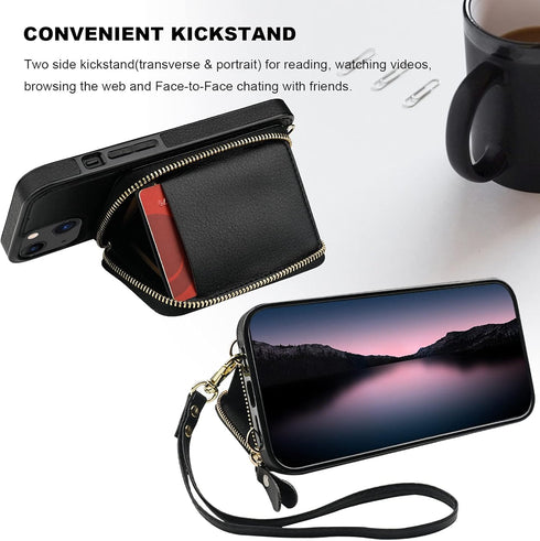 Bocasal RFID Blocking Wallet Case for iPhone 14 iPhone 13, Adjustable Crossbody Zipper Purse Case Card Holder with Kickstand Detachable Wrist Stra...