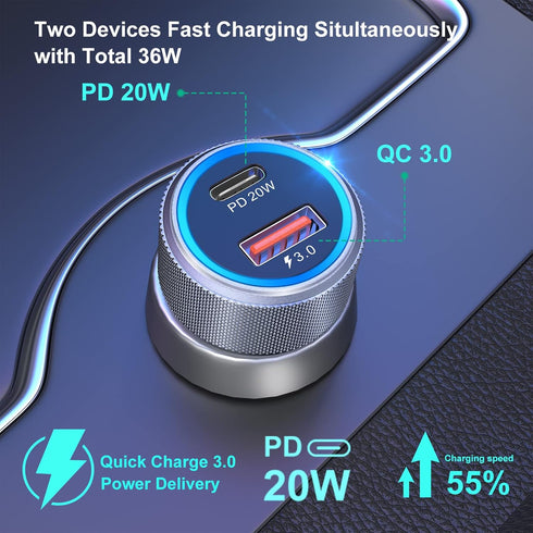USB C Car Charger, Bangfun 36W Dual 12V Car Charger USB C Cigarette Lighter Adapter USB Car Phone Charger Plug for iPhone 15 14 13 iPad Pro, Samsu...