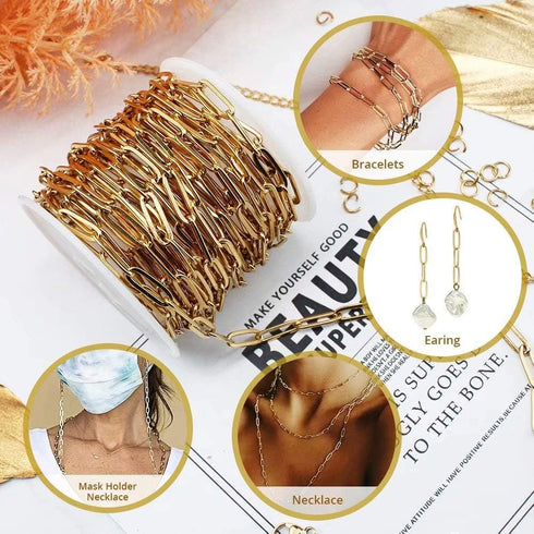 16.4 Feet 18K Gold Plated Stainless Steel Paperclip Chain DIY Jewelry Making Kit for Adults & Teens, Unisex, Gold, Life-Size, Not Foldable...