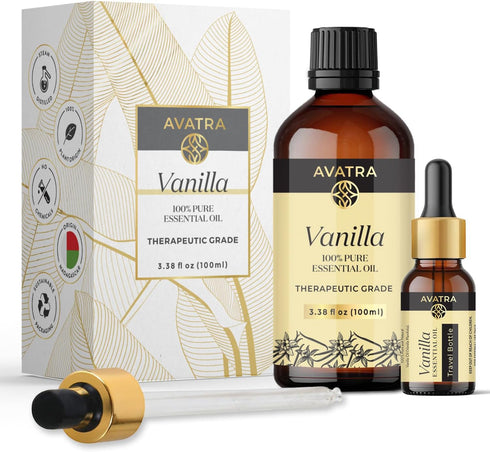 Avatra Vanilla Essential Oil for Diffuser, Skin, & Aromatherapy | Natural & Undiluted Oil for Soap & Candle Making | Long Lasting Scent- 3.38 Fl O...