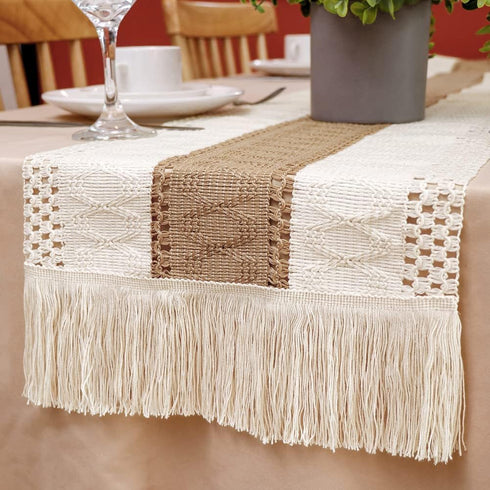 OurWarm Boho Macrame Table Runners for Home Decor, 72 inch Cream & Brown Farmhouse Table Runner with Tassels for Rustic Wedding Bridal Shower Part...